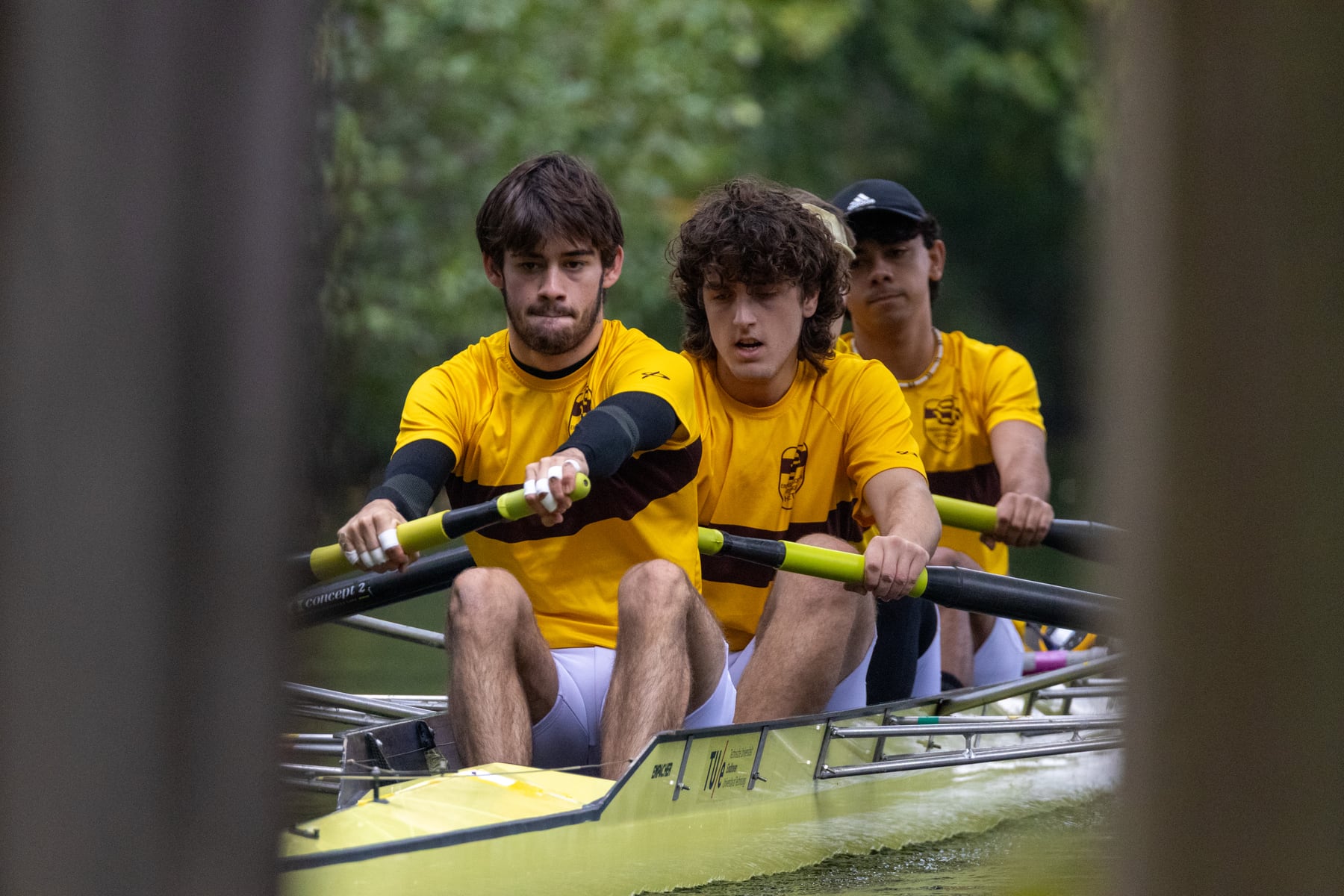A men's crew in yellow rowing close to camera with focused expressions.