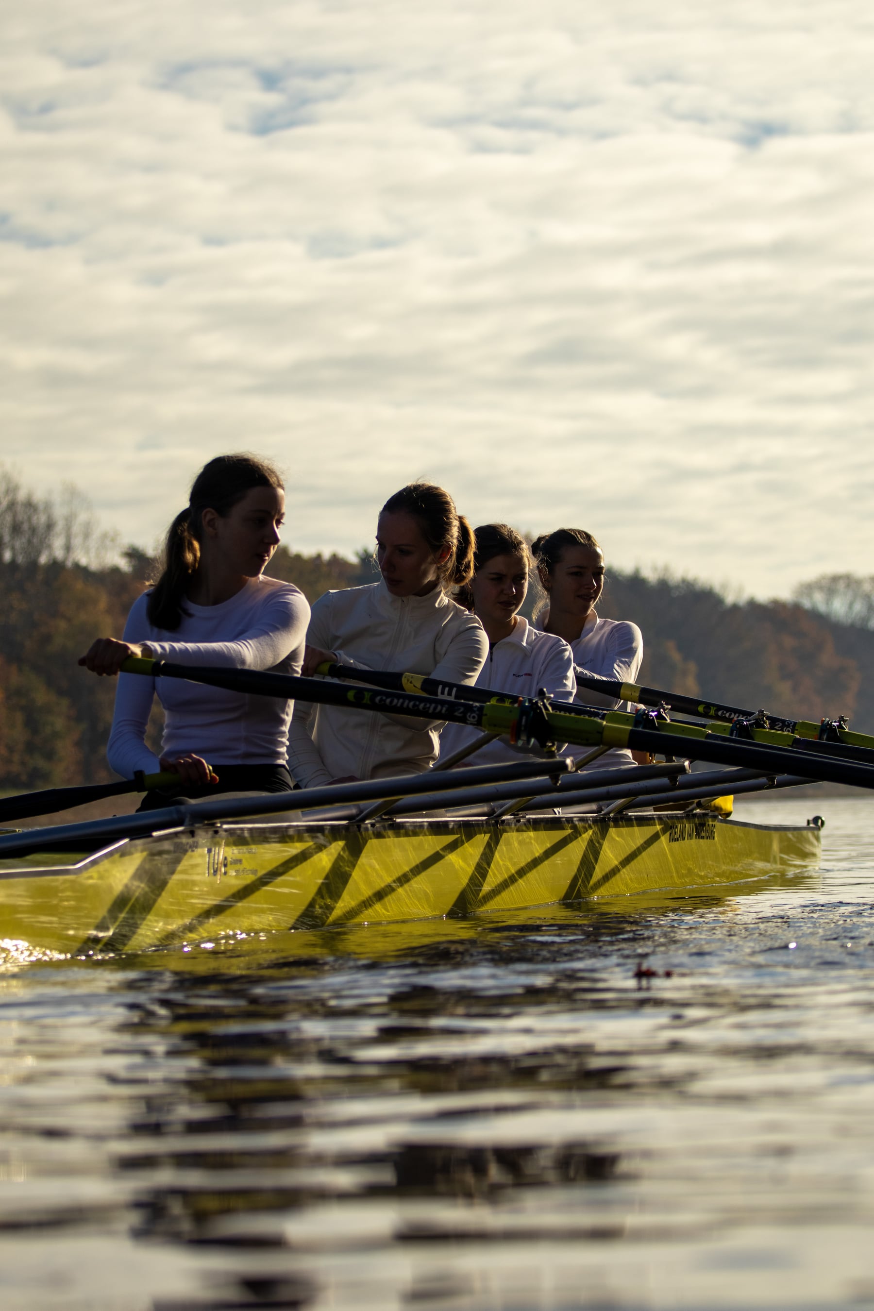 A close profile of a rowing crew in a yellow shell under soft winter light.